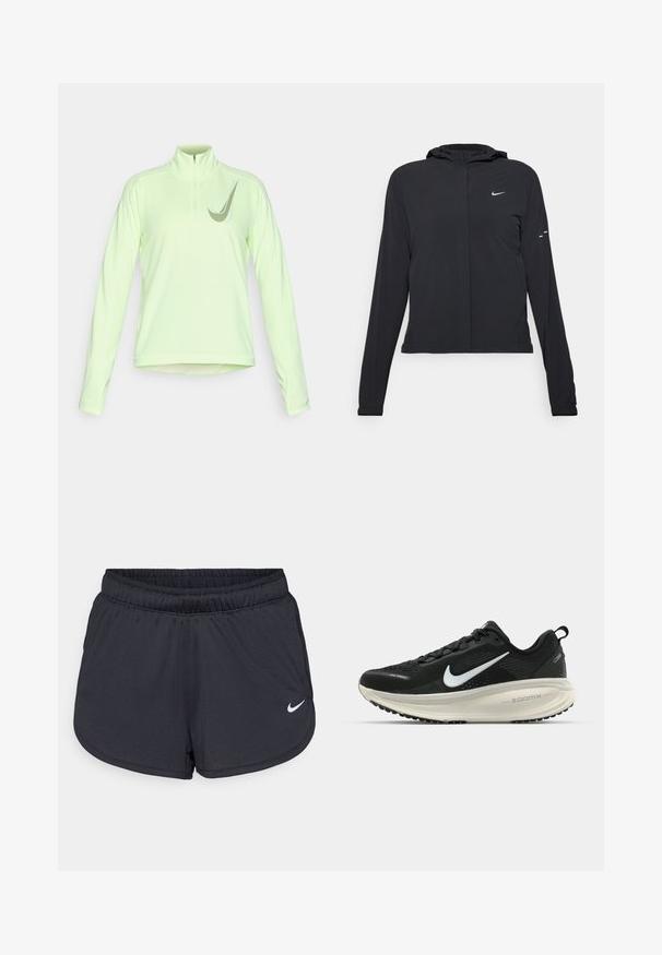 Must musta kapuutsiga jakk, millel on pikad varrukad ja mis on valmistatud kergetest materjalidest. Omab esitaskut, Nike logo ja kergelt silmatorkavaid disainiaktsente.; Heled roheline pikkade varrukatega pullover, mis on valmistatud venivast materjalist, millel on poolsinine kaelus ja discreetne logo detail rinnal.; Mustad mustikud mustad lühikesed püksid, mis on valmistatud kerge ja hingava kangaga. Omab elastset vööd ja valget Nike logo alumises paremas nurgas.; Musthave mustus Nike jooksujalats, millel on hingav võrgust ülemine osa, valge swoosh logo, tekstuuriga detailid ja kreemja värvusega ZoomX vahevöö.