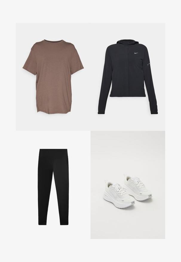 Mustassa hupparissa on pitkät hihat, ja se on valmistettu kevyestä materiaalista. Siinä on edessä vetoketju, Nike-logo ja hillityt muotoiluyksityiskohdat.; Nike Performance ONE RELAXED TOP - Tekninen t-paita - ironstone/black; Musta legginsit, jotka on valmistettu sileästä, joustavasta kankaasta. Korkea vyötärösuunnittelu nilkkadetaililla, eikä näkyviä kuvioita tai metalliosia.; Valkoiset urheilukengät, joissa on teksturoitu verkkoma upper, pehmustettu pohja ja hillityt harmaat yksityiskohdat. Mukana brändäys ja silmukkamuotoinen kantapäänvetotappi helppoa pukeutumista varten.
