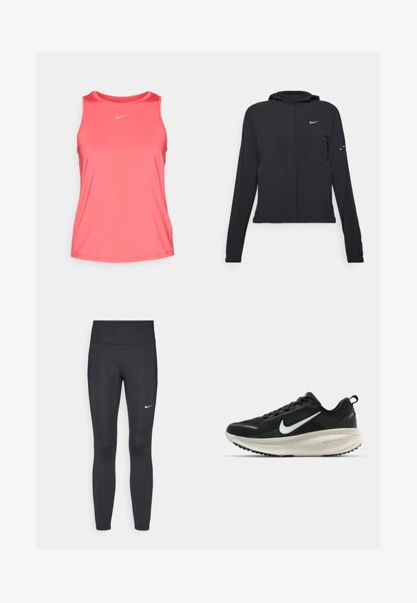 Svart hettegenser med lange ermer, laget av lett materiale. Har glidelås foran, Nike-logo og subtile design detaljer.; Nike Performance ONE CLASSIC TANK - Topper - aster pink/black; Sorte leggings laget av elastisk stoff, med høy livlinje og en hvit Nike-logo på venstre lår. Glatt tekstur, kroppsnær passform.; Svart Nike løpesko med pustende mesh-overdel, hvit swoosh-logo, teksturert detaljer og en kremfarget ZoomX mellomsåle.