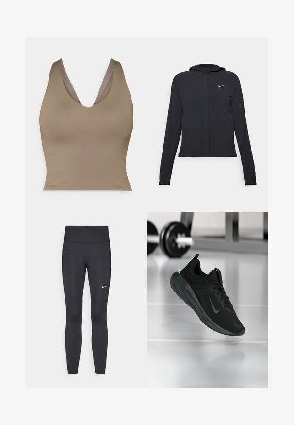 Czarna kurtka z kapturem, z długimi rękawami, wykonana z lekkiego materiału. Posiada zamek błyskawiczny z przodu, logo Nike oraz subtelne akcenty wzornicze.; Brązowy, bezrękawnik z głębokim dekoltem w kształcie V. Gładka faktura i dopasowany krój, z szerokimi ramiączkami i prostym dołem.; Czarne legginsy z elastycznego materiału, z wysokim pasem i białym logo Nike na lewym udzie. Gładka tekstura, dopasowany krój.; Czarny sportowy sneaker z logo Nike, pokazany w powietrzu na podłodze siłowni, z rozmytym regałem z hantlami w tle.