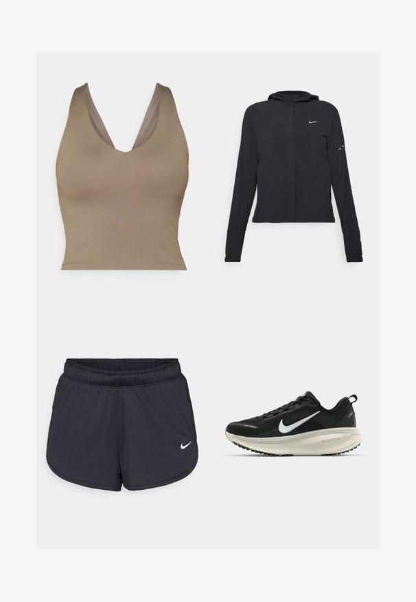 Črna kapuča s dolgimi rokavi, izdelana iz lahkega materiala. Ima sprednji zadrgo, logotip Nike in subtilne oblikovne detajle.; Rjav, brezrokavnik s globokim V-izrezom. Gladka tekstura in oprijet kroj, z širokimi naramnicami in ravnim robom.; Črne športne hlače iz lahkega, zračnega materiala. Imajo elastični pas in belo Nike logotip na spodnji desni strani.; Črne Nike tekaške čevlje z zračno mrežno zgornjim delom, belim logotipom Swoosh, teksturiranimi detajli in smetanasto barvnim srednjim delom ZoomX.