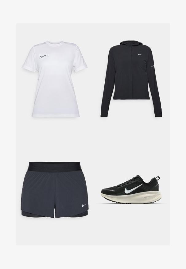 Čierna kapucňová bunda s dlhou rukávou, vyrobená z ľahkého materiálu. Má predný zips, logo Nike a jemné dizajnové akcenty.; Biele tričko Nike s úzkym strihom, okrúhlym výstrihom, krátkymi rukávmi a čiernym logom na ľavej hrudi; vyrobené z ľahkého a priedušného materiálu.; Čierne športové šortky s elastickým pásom, ktoré majú vrstvený dizajn a malú bielu aplikáciu loga Nike v dolnom ľavom rohu. Ľahký materiál.; Čierne bežecké topánky Nike s priedušnou sieťovinou, bielym logom s symbolom swoosh, textúrovanými detailmi a krémovou ZoomX medzipodrážkou.