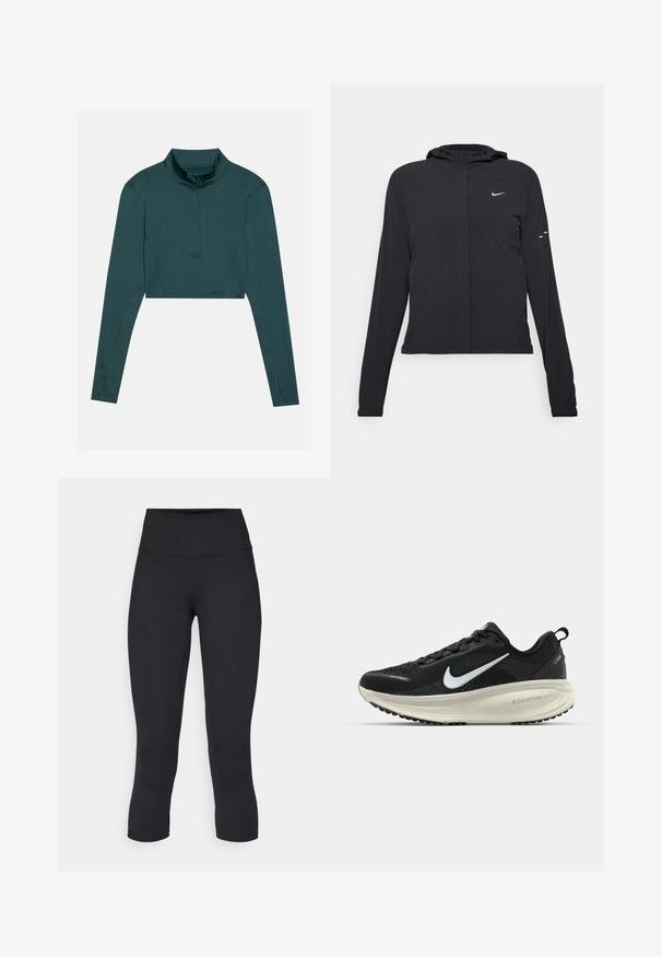 Svart hettegenser med lange ermer, laget av lett materiale. Har glidelås foran, Nike-logo og subtile design detaljer.; Topp med kort midje i mørk teal, lange ermer, høy krage med halv glidelås, glatt tekstur, forsterkede sømmer.; Sorte, cropped leggings laget av elastisk stoff, med høy midje og glatt tekstur, uten synlige mønstre eller detaljer.; Svart Nike løpesko med pustende mesh-overdel, hvit swoosh-logo, teksturert detaljer og en kremfarget ZoomX mellomsåle.