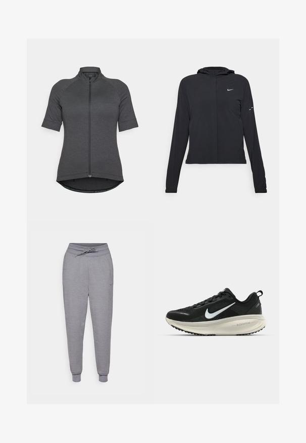 Fekete kapucnis dzseki hosszú ujjakkal, könnyű anyagból készült. Elülső cipzárral, Nike logóval és diszkrét dizájn elemekkel rendelkezik.; Rövid ujjú kerékpáros mez sötétszürke színben, teljes végig cipzárral, raglán ujjakkal és ívelt aljú, textúrált anyaggal.; Szürke, tapered fazonú melegítőnadrág húzózsinórral a derékrészen, elasztikus mandzsettákkal és egy diszkrét Nike logóval a bal combon. Puha, textúrált anyag.; Fekete Nike futócipő légáteresztő hálós felsőrésszel, fehér Swoosh logóval, textúrázott részletekkel és krém színű ZoomX középtalppal.