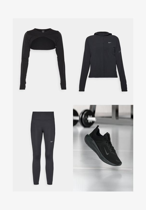 Black hooded jacket with long sleeves, made from lightweight material. Features a front zipper, a Nike logo, and subtle design accents.; Stronger Long sleeved top - black; Black leggings made of stretchy fabric, featuring a high waistband and a white Nike logo on the left thigh. Smooth texture, form-fitting design.; Black sports sneaker with Nike logo, shown mid-air on gym floor, with blurred dumbbell rack in background.
