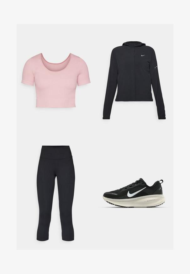 Must musta kapuutsiga jakk, millel on pikad varrukad ja mis on valmistatud kergetest materjalidest. Omab esitaskut, Nike logo ja kergelt silmatorkavaid disainiaktsente.; Roosa ribatud lühikeste varrukatega crop top, millel on ümar kaelus ja liibuv siluett. Sujuv tekstuur ja puhas, lihtne disain.; Mustad mustad õhukesed leggingud, mis on valmistatud venivast kangast, kõrge vöökoha ja siledaga, ilma nähtavate mustrite või metalldetailideta.; Musthave mustus Nike jooksujalats, millel on hingav võrgust ülemine osa, valge swoosh logo, tekstuuriga detailid ja kreemja värvusega ZoomX vahevöö.