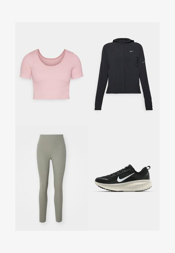 Svart hettegenser med lange ermer, laget av lett materiale. Har glidelås foran, Nike-logo og subtile design detaljer.; Rosa, ribbet kortermet topp med rund hals og en tettsittende silhuett. Glatt tekstur med et rent og enkelt design.; Nike Performance ZENVY HR 7/8 - Tights - light army; Svart Nike løpesko med pustende mesh-overdel, hvit swoosh-logo, teksturert detaljer og en kremfarget ZoomX mellomsåle.