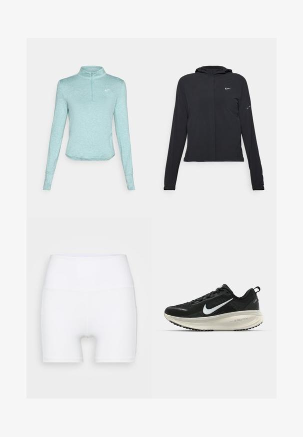 Sort hættetrøje med lange ærmer, lavet af letvægtsmateriale. Har en frontlynlås, et Nike-logo og subtile designaccenter.; Lyseblå, langærmet træningstop med halvlynlås-krave, der har en tekstureret stof og et lille hvidt logo på brystet.; Hvide højtaljede shorts lavet af strækstof. Har en glat tekstur og en tætsiddende design, uden yderligere mønstre eller hardware.; Sort Nike løbesko med åndbart mesh-overdel, hvidt swoosh-logo, tekstureret detaljering og en cremede ZoomX mellemsål.