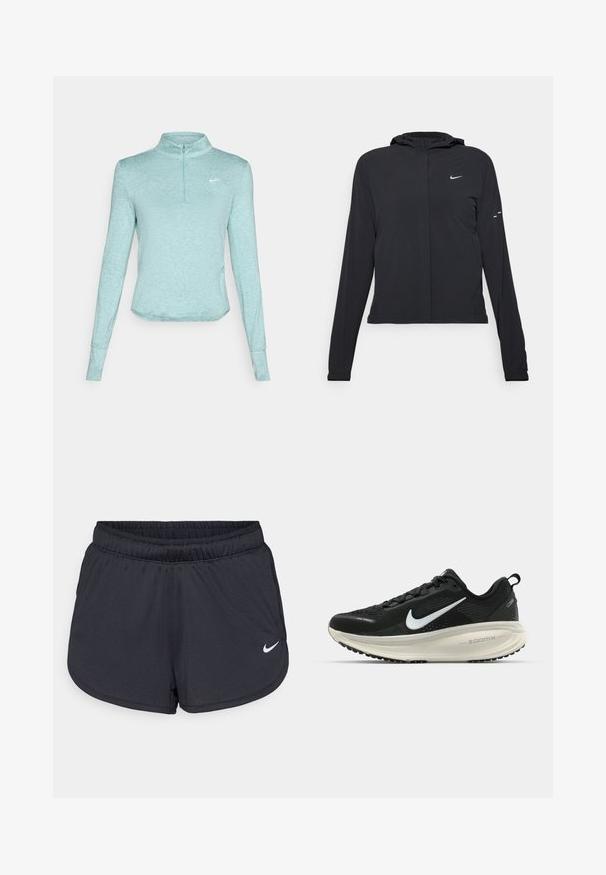 Fekete kapucnis dzseki hosszú ujjakkal, könnyű anyagból készült. Elülső cipzárral, Nike logóval és diszkrét dizájn elemekkel rendelkezik.; Világoskék, hosszú ujjú sportpóló félzipzárral a gallérnál, textúrált anyagból készült, a mellkason egy kis fehér logóval.; Fekete sportos rövidnadrág, könnyű, légáteresztő anyagból készült. Rugalmas derékpánttal rendelkezik, és a jobb alsó oldalon fehér Nike logó található.; Fekete Nike futócipő légáteresztő hálós felsőrésszel, fehér Swoosh logóval, textúrázott részletekkel és krém színű ZoomX középtalppal.