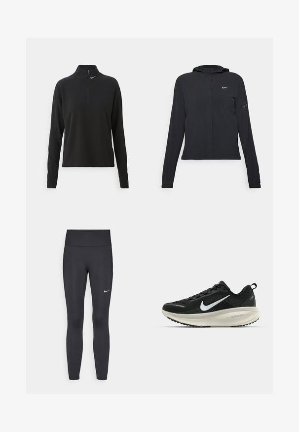 Sort hættetrøje med lange ærmer, lavet af letvægtsmateriale. Har en frontlynlås, et Nike-logo og subtile designaccenter.; Sort langærmet pullover med højt krave, har en halv lynlås foran og et lille sølvlogo på venstre side. Blødt, elastisk stof.; Sorte leggings lavet af strækbart stof, med en høj talje og et hvidt Nike-logo på venstre lår. Glat tekstur, tætsiddende design.; Sort Nike løbesko med åndbart mesh-overdel, hvidt swoosh-logo, tekstureret detaljering og en cremede ZoomX mellemsål.