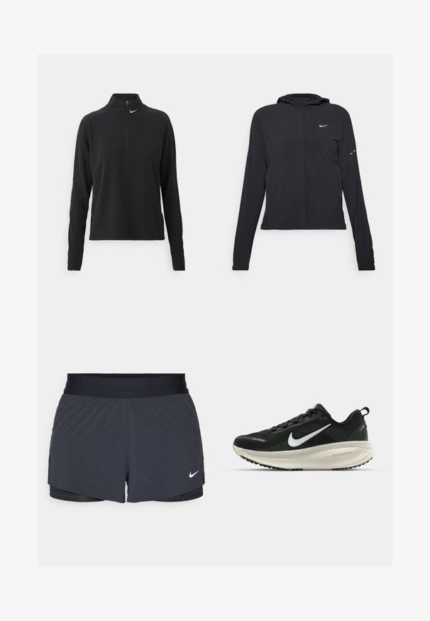 Čierna kapucňová bunda s dlhou rukávou, vyrobená z ľahkého materiálu. Má predný zips, logo Nike a jemné dizajnové akcenty.; Čierny pulóver s dlhými rukávmi a vysokým golierom, má polozips vpredu a malé strieborné logo na ľavej strane. Mäkký, elastický materiál.; Čierne športové šortky s elastickým pásom, ktoré majú vrstvený dizajn a malú bielu aplikáciu loga Nike v dolnom ľavom rohu. Ľahký materiál.; Čierne bežecké topánky Nike s priedušnou sieťovinou, bielym logom s symbolom swoosh, textúrovanými detailmi a krémovou ZoomX medzipodrážkou.