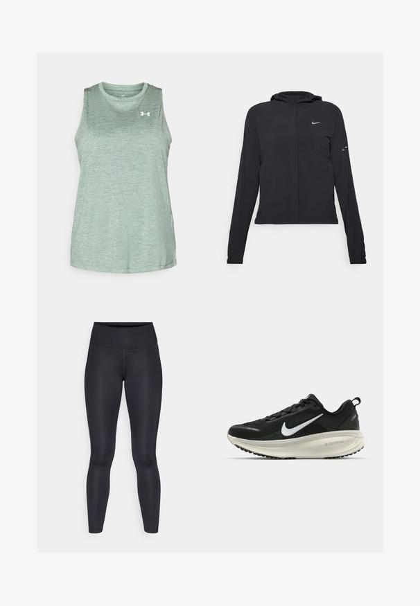 Svart hettegenser med lange ermer, laget av lett materiale. Har glidelås foran, Nike-logo og subtile design detaljer.; Under Armour TANK TWIST - Topper - silica green/white; Sorte leggings laget av glatt, elastisk materiale. Høy midje uten synlige mønstre eller detaljer. Sitter tett fra midjen til anklene.; Svart Nike løpesko med pustende mesh-overdel, hvit swoosh-logo, teksturert detaljer og en kremfarget ZoomX mellomsåle.