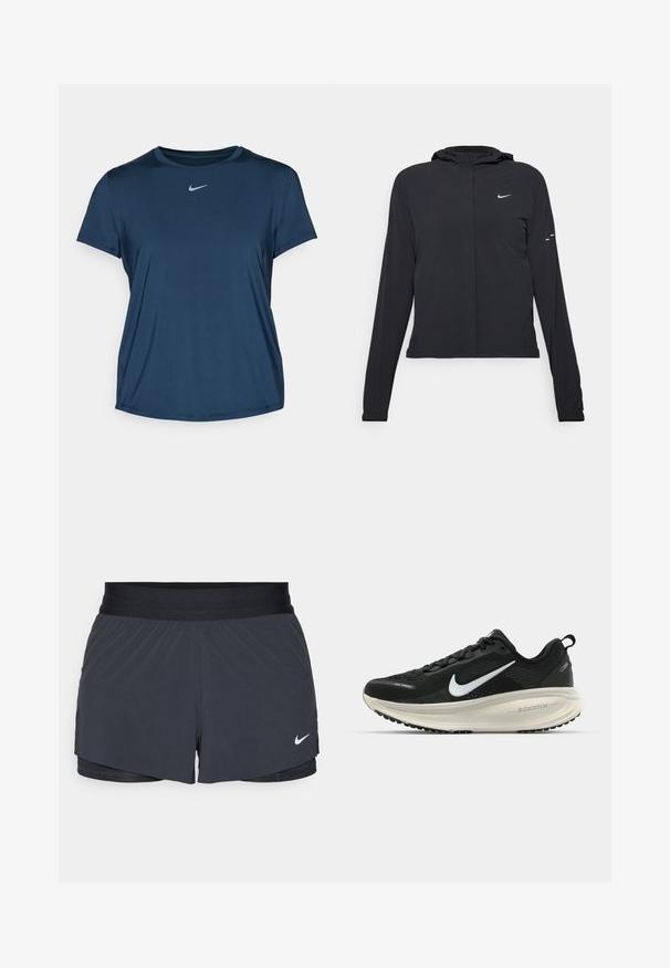 Melnā kapuci jaka ar garām piedurknēm, izgatavota no viegla materiāla. Tam ir priekšējais rāvējslēdzis, Nike logo un smalki dizaina akcenti.; Nike Performance ONE CLASSIC TOP - Sporta krekli - armory navy/black; Melnas sporta šortus ar elastīgu jostu, ar slāņotu dizainu un mazu balto Nike logo apakšējā kreisajā stūrī. Viegls materiāls.; Melnas Nike skriešanas kurpes ar elpojošu acs augšdaļu, baltu Swoosh logotipu, strukturētu apdari un krēmkrāsas ZoomX starpsole.