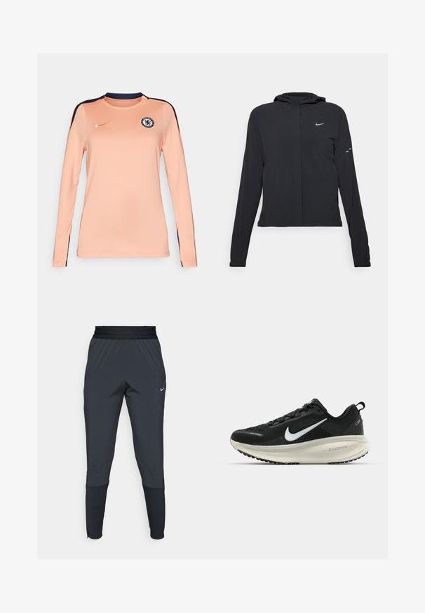 Czarna kurtka z kapturem, z długimi rękawami, wykonana z lekkiego materiału. Posiada zamek błyskawiczny z przodu, logo Nike oraz subtelne akcenty wzornicze.; Jersey z długim rękawem w jasnym brzoskwiniowym kolorze z granatowymi akcentami, z okrągłym dekoltem, logo Nike oraz herbem Chelsea FC na piersi.; Spodnie sportowe Nike w ciemnoszarym kolorze, z tapered leg design, elastycznym paskiem w talii oraz akcentami przy nogawkach.; Czarna biegowa półbut z oddychającej siateczki, białym logo swoosh, teksturowanymi detalami oraz kremową podeszwą środkową ZoomX.