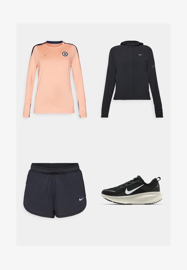 Juodas gobtuvas striukė su ilgomis rankovėmis, pagaminta iš lengvo audinio. Pasižymi priekiniais užtrauktukais, Nike logotipu ir subtiliais dizaino akcentais.; Ilga rankovė džersis šviesiai persikų spalvos su mėlynomis detalėmis, savyje turintis apvalų iškirpimą, Nike logotipą ir Chelsea FC emblemą krūtinėje.; Juodi sportiniai šortai su elastine liemene, turintys sportišką dizainą ir baltą Nike logotipą apatinėje priekinėje dalyje. Tekstūruota medžiaga.; Juodas Nike sportinis batelis su kvėpuojančiu tinklu, baltu swoosh logotipu, tekstūruoto dizaino detalėmis ir grietinėlės spalvos ZoomX viduriu.