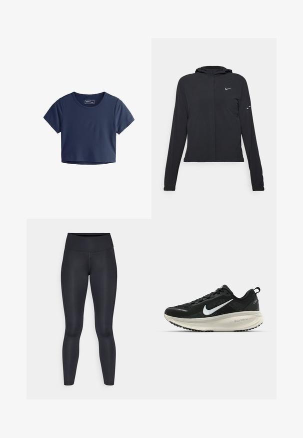 Crna jakna s kapuljačom i dugim rukavima, izrađena od laganog materijala. Ima prednji patentni zatvarač, Nike logo i suptilne dizajnerske detalje.; Tamno plava skraćena majica kratkih rukava izrađena od glatkog materijala, s okruglim izrezom i minimalnim detaljima šivanja. Unutra je vidljiva oznaka branda.; Crne tajice izrađene od glatkog, rastezljivog materijala. Visok struk bez vidljivih uzoraka ili akcenta. Tjesno pristaju od struka do gležnjeva.; Crne Nike trkačke tenisice s prozračnom mrežastom gornjom konstrukcijom, bijelim swoosh logotipom, teksturiranim detaljima i kremastom ZoomX srednjom potplatnom jedinicom.