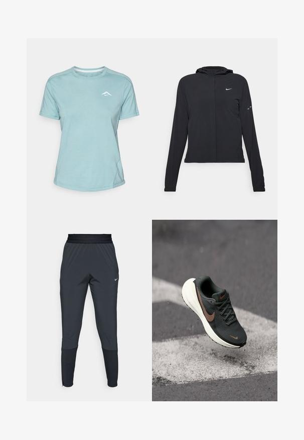 Svart hettegenser med lange ermer, laget av lett materiale. Har glidelås foran, Nike-logo og subtile design detaljer.; Lys blå t-skjorte med korte ermer laget av myk stoff, med rund hals og en liten hvit logo på brystet. Sømdetaljer er synlige.; Nike treningsbukser i mørkegrå, med en tapered ben design, elastisk midjebånd og detaljert dekorasjon nær mansjettene.; Svart netting joggesko med en teksturert overdel, en brun Nike swoosh, og en hvit polstret såle, svevende over en grå overflate.