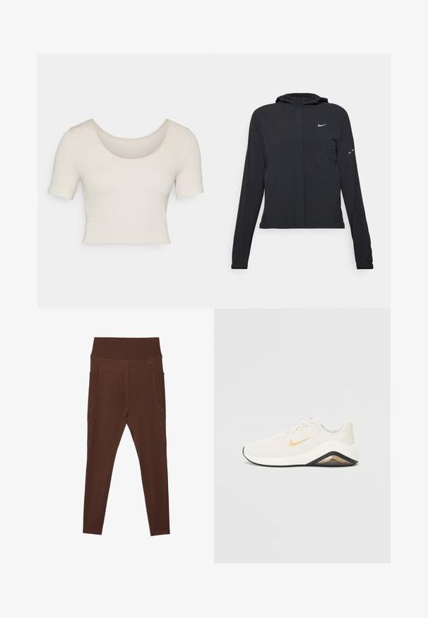 Casaco preto com capuz e mangas longas, feito de material leve. Apresenta um fecho dourado na frente, um logótipo da Nike e detalhes de design subtis.; Top cropped de manga curta em tecido canelado beige claro. Apresenta um decote largo em forma de barco e um ajuste justo, enfatizando uma textura suave.; Leggings castanhos feitos de material elástico com uma cintura alta ribateada e bolsos laterais. Apresenta costuras flatlock para maior durabilidade.; Sneakers Nike com um design branco e dourado, apresentando um cabedal texturizado, um calcanhar acolchoado, sola preta e um logótipo proeminente.