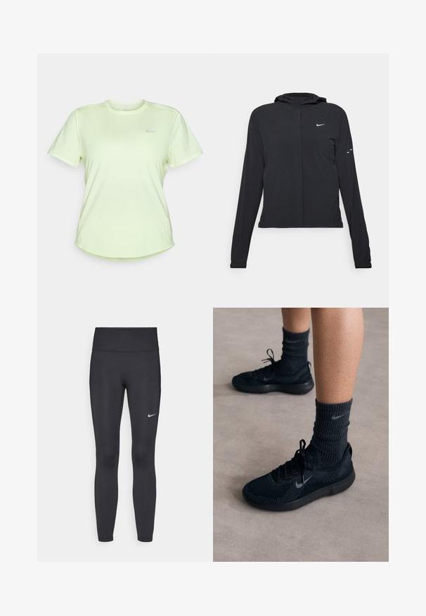 Black hooded jacket with long sleeves, made from lightweight material. Features a front zipper, a Nike logo, and subtle design accents.; Light green athletic t-shirt made of soft, breathable fabric. Features a round neck, short sleeves, and a small silver logo on the chest.; Black leggings made of stretchy fabric, featuring a high waistband and a white Nike logo on the left thigh. Smooth texture, form-fitting design.; Black Nike sneakers with a textured knit upper, featuring a grey swoosh logo, paired with dark ribbed socks. Flat rubber sole.