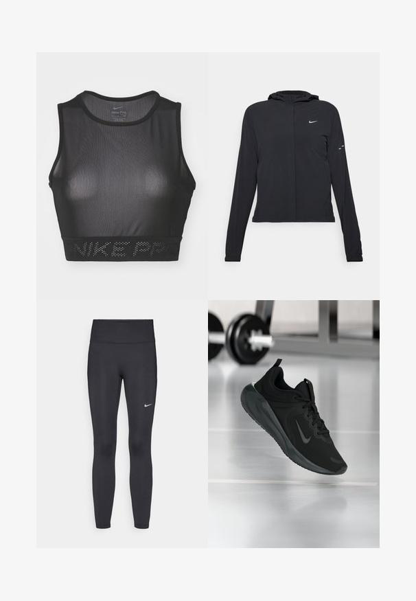 Black hooded jacket with long sleeves, made from lightweight material. Features a front zipper, a Nike logo, and subtle design accents.; Black Nike Pro sports bra with a mesh design, round neckline, and wide band featuring embossed "NIKE PRO" text at the base.; Black leggings made of stretchy fabric, featuring a high waistband and a white Nike logo on the left thigh. Smooth texture, form-fitting design.; Black sports sneaker with Nike logo, shown mid-air on gym floor, with blurred dumbbell rack in background.
