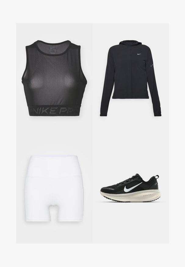 Jachetă neagră cu glugă, cu mâneci lungi, fabricată din material ușor. Dispune de un fermoar frontal, un logo Nike și accente de design subtile.; Sutien sportiv Nike Pro negru cu un design din plasă, decolteu rotund și un bandat lat cu text embossat "NIKE PRO" la baza.; Șorturi albe cu talie înaltă, fabricate dintr-un material elastic. Au o textură netedă și un design ajustat, fără modele sau accesorii suplimentare.; Pantofii de alergare negri de la Nike, cu parte superioară din plasă respirabilă, logo-ul alb Swoosh, detalii texturate și o talpă intermediară ZoomX de culoare crem.
