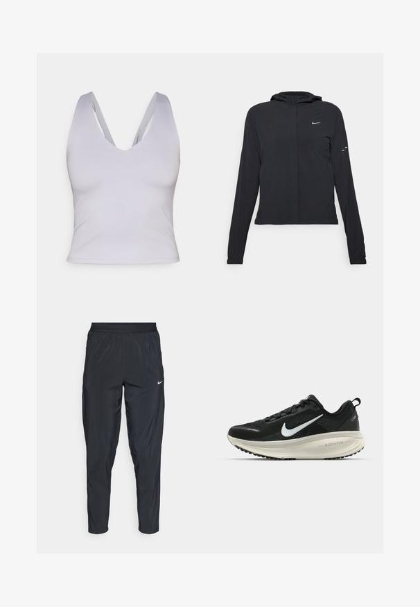 Svart hettegenser med lange ermer, laget av lett materiale. Har glidelås foran, Nike-logo og subtile design detaljer.; Lys grå ermeløs crop top med dyp V-hals, laget av glatt stoff, med brede stropper og en tettsittende design.; Sorte idrettsbukser med elastisk midjebånd, smale ben og en liten hvit logo på venstre lår. Lett og glatt stoff.; Svart Nike løpesko med pustende mesh-overdel, hvit swoosh-logo, teksturert detaljer og en kremfarget ZoomX mellomsåle.