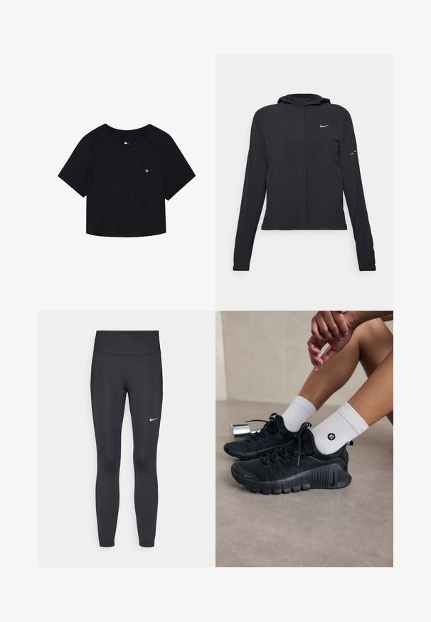 Chaqueta negra con capucha y mangas largas, hecha de un material ligero. Presenta un cierre frontal, un logo de Nike y acentos de diseño sutiles.; Camiseta negra corta con mangas cortas, textura acanalada, escote redondo y un pequeño logotipo blanco en el pecho.; Leggings negras de tela elástica, con una cintura alta y un logo blanco de Nike en el muslo izquierdo. Textura suave, diseño ajustado.; Zapatillas deportivas negras con tejido texturizado, diseño de cordones y una suela prominente, combinadas con calcetines blancos de canalé que presentan un pequeño logo.