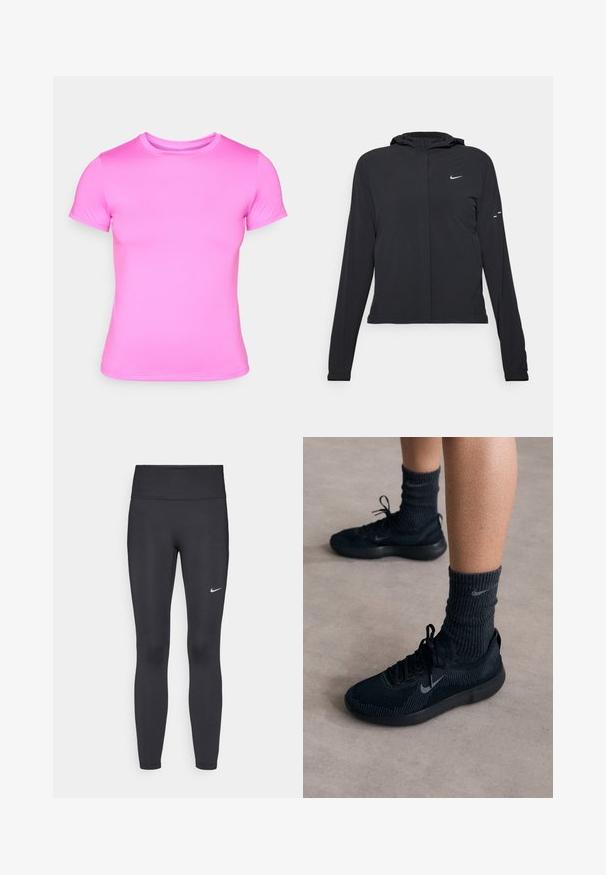 Must musta kapuutsiga jakk, millel on pikad varrukad ja mis on valmistatud kergetest materjalidest. Omab esitaskut, Nike logo ja kergelt silmatorkavaid disainiaktsente.; Roosa lühikeste varrukatega T-särk, mis on valmistatud sujuvast ja venivast kangast. Sellel on klassikaline ümar kaelus ja õmblusteta õlavarred.; Mustad mustadest leggingid, mis on valmistatud venivast kangast, kõrge vöökoha ja valge Nike logo abil vasakul reiel. Sile tekstuur, keha järgiv disain.; Mustad mustad Nike tossud tekstuurilise kudumisega pealisega, millel on hall swooshi logo, koos tumedate ribakudumiga sokkidega. Tasane kummitald.