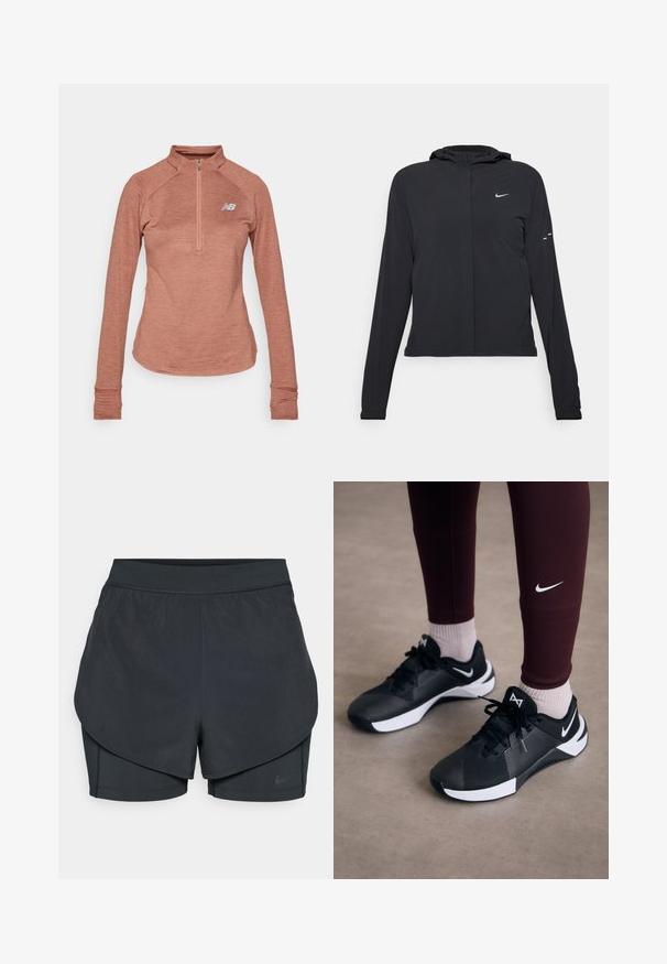 Must musta kapuutsiga jakk, millel on pikad varrukad ja mis on valmistatud kergetest materjalidest. Omab esitaskut, Nike logo ja kergelt silmatorkavaid disainiaktsente.; New Balance ATHLETICS GRID 1/2 ZIP - Pikkade varrukatega topp - sparrow heather; Mustad musta sportlikud lühikesed püksid kihilise disainiga, millel on sile välimine kiht ja istuvad sisepüksid. Valmistatud kergest, venivast kangast.; Mustad mustat spordijalatsid tekstuurse pealse ja valgete aktsentidega, koos paelte ja külglogoga. Kanda tumepruunide leggingsidega ja heledate sokkidega.