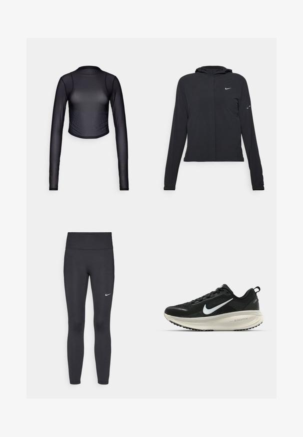 Svart hettegenser med lange ermer, laget av lett materiale. Har glidelås foran, Nike-logo og subtile design detaljer.; Svart, langermet crop top laget av gjennomsiktig, elastisk materiale. Har en rund halslinning og en tettsittende design med subtile sømdetaljer.; Sorte leggings laget av elastisk stoff, med høy livlinje og en hvit Nike-logo på venstre lår. Glatt tekstur, kroppsnær passform.; Svart Nike løpesko med pustende mesh-overdel, hvit swoosh-logo, teksturert detaljer og en kremfarget ZoomX mellomsåle.