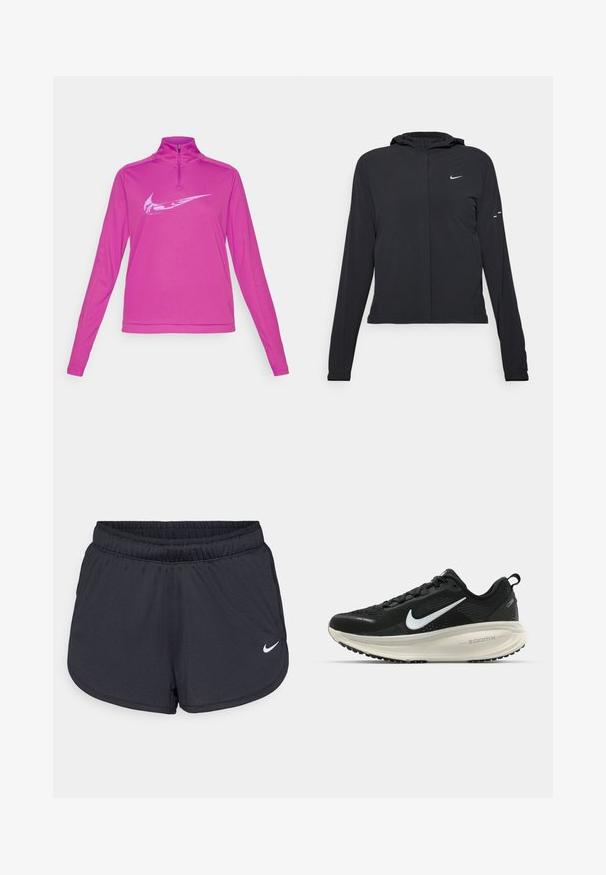Zwarte kaptrui met lange mouwen, gemaakt van lichtgewicht materiaal. Voorzien van een ritssluiting aan de voorkant, een Nike-logo en subtiele ontwerpelementen.; Nike Performance Longsleeve - hot fuchsia; Zwarte sportieve shorts van lichtgewicht, ademend materiaal. Voorzien van een elastische tailleband en een wit Nike-logo aan de rechteronderzijde.; Zwarte Nike hardloopschoen met ademend mesh bovenwerk, witte swoosh-logo, gestructureerde details en een crèmekleurige ZoomX middenzool.