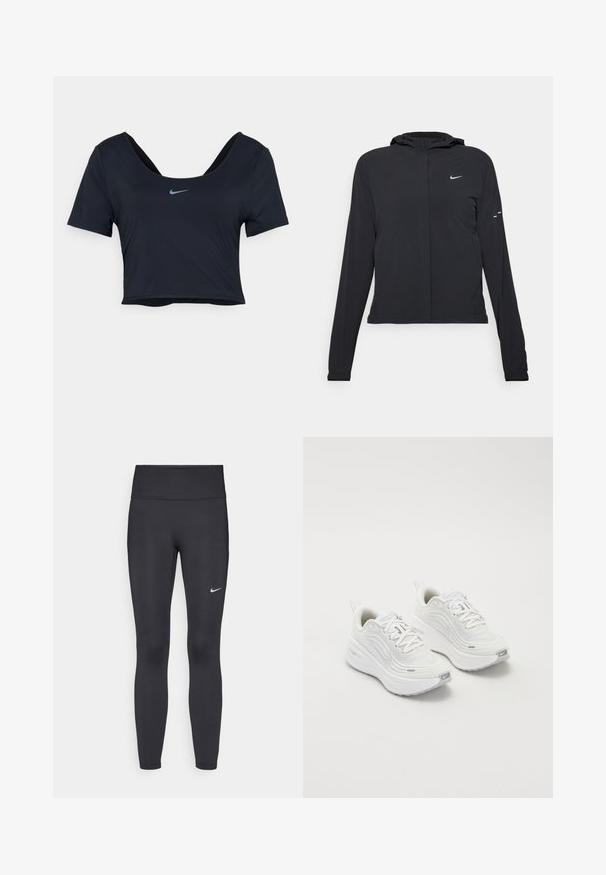 Fekete kapucnis dzseki hosszú ujjakkal, könnyű anyagból készült. Elülső cipzárral, Nike logóval és diszkrét dizájn elemekkel rendelkezik.; Fekete cropped póló sima anyagból, rövid ujjakkal és széles nyakkivágással. Középen, a mellkasnál kék Nike logó található.; Fekete leggings elasztikus anyagból, magas derékkal és fehér Nike logóval a bal combon. Simább textúra, testhez álló kialakítás.; Fehér sportcipő, texturált hálós felsőrésszel, párnázott talppal és diszkrét szürke díszítésekkel. Tartalmazza a márkázást és a könnyű felhúzást segítő hurkot a sarokrészen.
