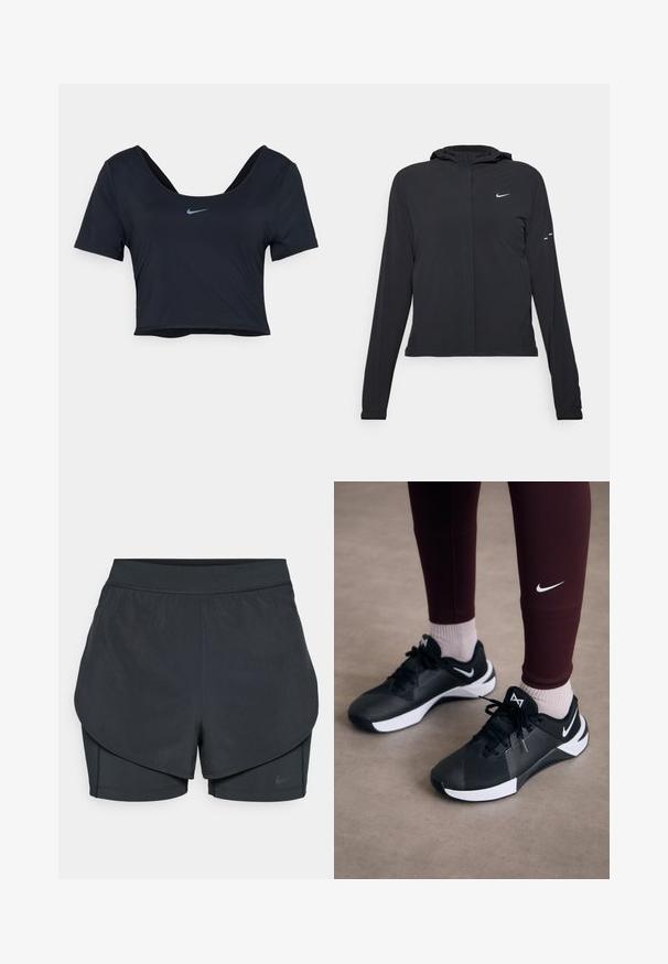 Melnā kapuci jaka ar garām piedurknēm, izgatavota no viegla materiāla. Tam ir priekšējais rāvējslēdzis, Nike logo un smalki dizaina akcenti.; Melna īsā T-kreklā, izgatavota no gludas auduma, ar īsām piedurknēm un plašu kakla izgriezumu. Nike logo zilā krāsā centrā uz krūtīm.; Melnas sporta šortus ar slāņotu dizainu, kas ietver gludu ārējo slāni un pieguļošus iekšējos šortus. Izgatavoti no viegla, elastīga auduma.; Melni sporta apavi ar strukturētu virsmu un baltām akcentēm, ar auklām un sānu logo. Nēsāti ar bordo legingiem un gaišām zeķēm.
