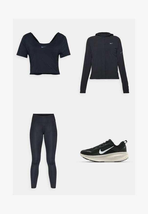 Svart hettegenser med lange ermer, laget av lett materiale. Har glidelås foran, Nike-logo og subtile design detaljer.; Sort cropped t-skjorte laget av glatt stoff, med korte ermer og vid halslinning. Nike-logoen i blått sentrert på brystet.; Sorte leggings laget av glatt, elastisk materiale. Høy midje uten synlige mønstre eller detaljer. Sitter tett fra midjen til anklene.; Svart Nike løpesko med pustende mesh-overdel, hvit swoosh-logo, teksturert detaljer og en kremfarget ZoomX mellomsåle.