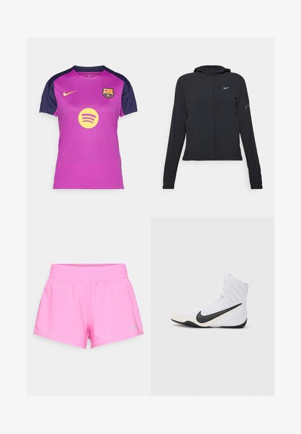 Černá kapucňová bunda s dlouhými rukávy, vyrobená z lehkého materiálu. Obsahuje přední zip, logo Nike a decentní designové akcenty.; Fialový dres Nike s námořnickými rukávy, na hrudi se žlutým logem Spotify a znakem FC Barcelona. Prodyšný materiál.; Jasně růžové sportovní šortky s elastickým pasem a malým šedým logem Nike na dolním levém lemu na bílém pozadí.; Sportovní obuv Nike v bílé barvě s černým logem swoosh. Má vysoký střih, texturovaný svršek a odolnou gumovou podrážku.