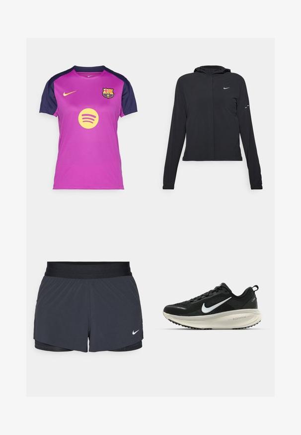 Juodas gobtuvas striukė su ilgomis rankovėmis, pagaminta iš lengvo audinio. Pasižymi priekiniais užtrauktukais, Nike logotipu ir subtiliais dizaino akcentais.; Violetinė Nike marškinėliai su tamsiai mėlynomis rankovėmis, turintys geltoną Spotify logotipą ir FC Barcelona emblemą krūtinėje. Kvėpuojanti medžiagos tekstūra.; Juodos sportinės šortai su elastine talija, turintys sluoksniuotą dizainą ir mažą baltą Nike logotipą kairiajame apačioje. Lengvas audinys.; Juodas Nike sportinis batelis su kvėpuojančiu tinklu, baltu swoosh logotipu, tekstūruoto dizaino detalėmis ir grietinėlės spalvos ZoomX viduriu.
