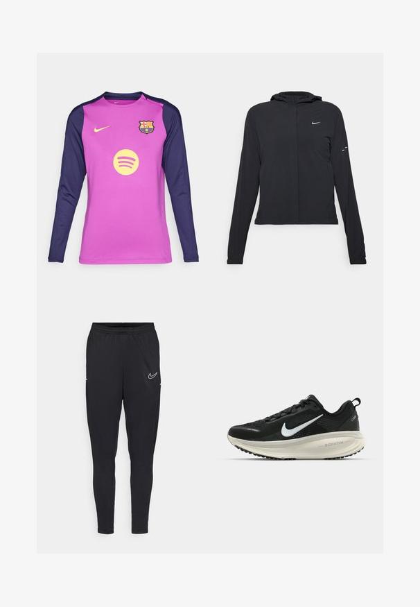 Mustassa hupparissa on pitkät hihat, ja se on valmistettu kevyestä materiaalista. Siinä on edessä vetoketju, Nike-logo ja hillityt muotoiluyksityiskohdat.; Pitkähihainen jalkapallopaita, jossa on vaaleanpunainen vartalo ja tummansiniset hihat, valmistettu kosteutta siirtävästä kankaasta. Paidassa on Barcelonan logo ja Spotify.; Mustat urheiluhaut, jotka on valmistettu kevyestä kankaasta, featuring joustava vyötärönauha, istuva malli ja valkoinen Nike-logo reidessä.; Mustat Nike-juoksukengät, joissa on hengittävä verkko-osa, valkoinen swoosh-logo, teksturoitu yksityiskohtaus ja kermaisen värinen ZoomX-välipohja.