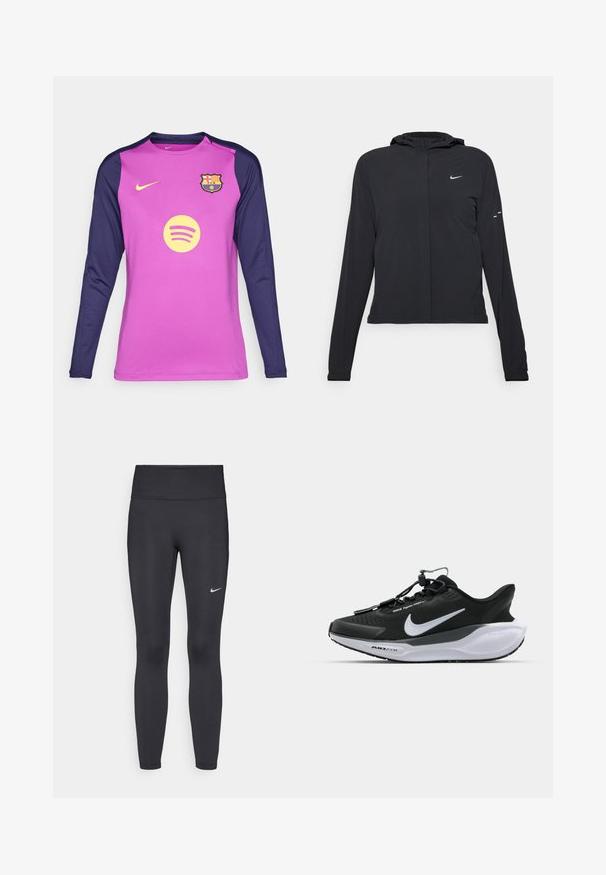 Must musta kapuutsiga jakk, millel on pikad varrukad ja mis on valmistatud kergetest materjalidest. Omab esitaskut, Nike logo ja kergelt silmatorkavaid disainiaktsente.; Pikkade varrukatega jalgpallipaita, millel on roosa keha ja tumesinised varrukad, valmistatud niiskust eemal hoidvast kangast. Näitab Barcelona logo ja Spotify logo.; Mustad mustadest leggingid, mis on valmistatud venivast kangast, kõrge vöökoha ja valge Nike logo abil vasakul reiel. Sile tekstuur, keha järgiv disain.; Mustad spordijalatsid tekstuurse ülemise osa, kontrastse valge logoga ja pehme valge tallaga. Omab kiirete nööpide süsteemi mugavaks selga panemiseks.