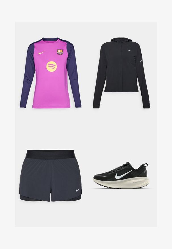 Čierna kapucňová bunda s dlhou rukávou, vyrobená z ľahkého materiálu. Má predný zips, logo Nike a jemné dizajnové akcenty.; Dlhé rukávy futbalového trička s ružovým telom a námorníckymi rukávmi, vyrobené z materiálu odvádzajúceho vlhkosť. Zobrazuje logo Barcelony a Spotify.; Čierne športové šortky s elastickým pásom, ktoré majú vrstvený dizajn a malú bielu aplikáciu loga Nike v dolnom ľavom rohu. Ľahký materiál.; Čierne bežecké topánky Nike s priedušnou sieťovinou, bielym logom s symbolom swoosh, textúrovanými detailmi a krémovou ZoomX medzipodrážkou.
