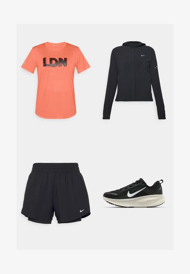 Casaco preto com capuz e mangas longas, feito de material leve. Apresenta um fecho dourado na frente, um logótipo da Nike e detalhes de design subtis.; Camisola atlética de manga curta, cor coral, com um tecido de malha texturizada e um proeminente estampado em preto "LDN" na frente.; Calções atléticos pretos com um cós elástico franzido, forro interior e o logótipo da Nike em branco no lado inferior esquerdo. Tecido suave e leve.; Sapatilha de corrida Nike preta com parte superior de malha respirável, logotipo Swoosh branco, detalhes texturizados e uma entressola ZoomX na cor creme.