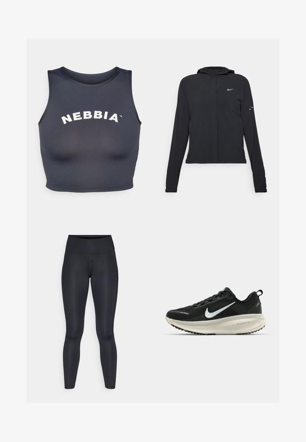 Černá kapucňová bunda s dlouhými rukávy, vyrobená z lehkého materiálu. Obsahuje přední zip, logo Nike a decentní designové akcenty.; Sportovní crop top v tmavě šedé barvě, vyrobený z jemné a elastické látky. Má kulatý výstřih a bílý text "NEBBIA" v obloukovém designu.; Černé legíny vyrobené z hladké, elastické tkaniny. Vysoký pas bez viditelných vzorů nebo akcentů. Těsně přiléhají od pasu k kotníkům.; Černá běžecká obuv Nike s prodyšným síťovaným svrškem, bílým logem swoosh, texturovanými detaily a krémovou mezipodešví ZoomX.