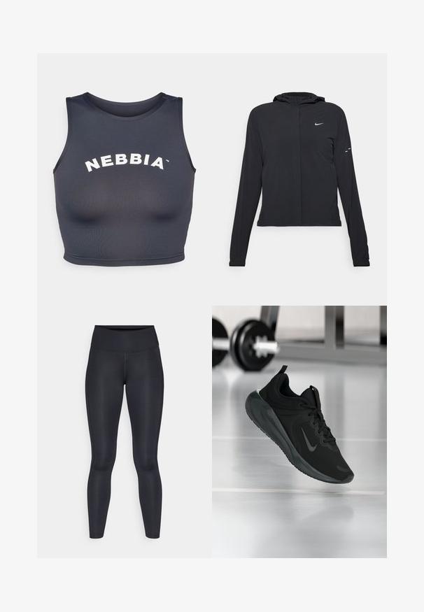 Must musta kapuutsiga jakk, millel on pikad varrukad ja mis on valmistatud kergetest materjalidest. Omab esitaskut, Nike logo ja kergelt silmatorkavaid disainiaktsente.; Spordiline lühike topp tumesinises hallis, valmistatud pehmest ja elastsetest materjalidest. Omab ümmargust kaelaauku ja valget "NEBBIA" teksti kaarjas disainis.; Mustad mustad, mis on valmistatud siledast ja venivast kangast. Kõrge vöökoht, ilma nähtavate mustrite või aksessuaarideta. Sobivad tihedalt puusadelt kuni pahkluuni.; Mustad mustang spordijalatsid Nike logo'ga, õhus spordisaali põrandal, häguste hantlite riiulitega taustal.