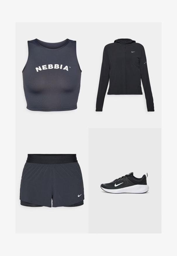 Juodas gobtuvas striukė su ilgomis rankovėmis, pagaminta iš lengvo audinio. Pasižymi priekiniais užtrauktukais, Nike logotipu ir subtiliais dizaino akcentais.; Tamsiai pilkas sportinis trumpas topas, pagamintas iš minkštos, tamprios medžiagos. Turi apvalų kaklą ir baltą "NEBBIA" tekstą arba dizainą.; Juodos sportinės šortai su elastine talija, turintys sluoksniuotą dizainą ir mažą baltą Nike logotipą kairiajame apačioje. Lengvas audinys.; Juodos sportinės bateliai su orui pralaidžia viršutine dalimi, balta swoosh logotipu, lygiu baltu tarpikliu ir tekstūruotu juodu padu.