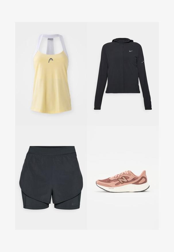 Svart hettegenser med lange ermer, laget av lett materiale. Har glidelås foran, Nike-logo og subtile design detaljer.; Gul atletisk tanktop med en lys grå mesh racerback og en liten mørk logo på brystet. Glatt tekstur og uformell design.; Svart idrettsshorts med lagdelt design, som har et glatt ytre lag og tettsittende indre shorts. Laget av lett, elastisk stoff.; Rosa løpesko med overdel i mesh, med et teksturert design og brune detaljer. Lett såle med betydelig demping.
