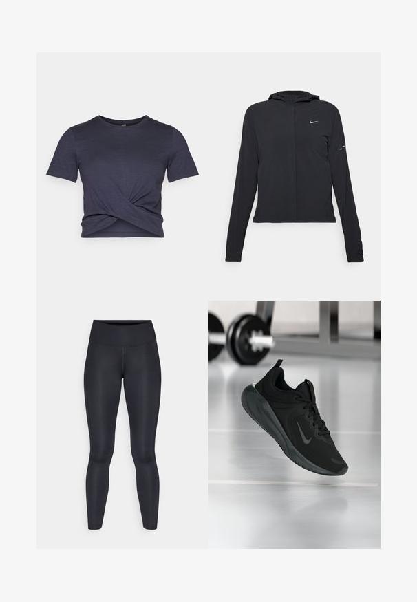 Čierna kapucňová bunda s dlhou rukávou, vyrobená z ľahkého materiálu. Má predný zips, logo Nike a jemné dizajnové akcenty.; Tmavomodré tričko s krátkym rukávom a prekrúteným predným dizajnom. Vyrobené z mäkkého, ľahkého materiálu; má okrúhly výstrih a voľný strih.; Čierne legíny vyrobené z hladkej, elastickej tkaniny. Vysoký pás bez viditeľných vzorov alebo akcentov. Úzke od pásu po členky.; Čierne športové tenisky s logom Nike, zobrazené vo vzduchu na podlahe telocvične, s rozmazaným regálom činkami v pozadí.