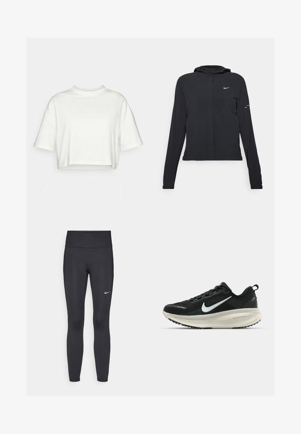Must musta kapuutsiga jakk, millel on pikad varrukad ja mis on valmistatud kergetest materjalidest. Omab esitaskut, Nike logo ja kergelt silmatorkavaid disainiaktsente.; Lühikese varrukaga, lühikeseks lõigatud t-särk kindlas valges puuvillas. Omab ümmargust kaelust ja lõdva istuvust, rullitud servadega. Pehme tekstuur, ilma mustriteta.; Mustad mustadest leggingid, mis on valmistatud venivast kangast, kõrge vöökoha ja valge Nike logo abil vasakul reiel. Sile tekstuur, keha järgiv disain.; Musthave mustus Nike jooksujalats, millel on hingav võrgust ülemine osa, valge swoosh logo, tekstuuriga detailid ja kreemja värvusega ZoomX vahevöö.