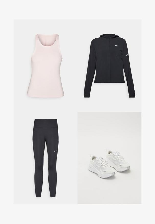 Sort hættetrøje med lange ærmer, lavet af letvægtsmateriale. Har en frontlynlås, et Nike-logo og subtile designaccenter.; Lyserød tanktop lavet af glat, strækbart stof; har rund halsudskæring og racerback-design uden yderligere mønstre eller detaljer.; Sorte leggings lavet af strækbart stof, med en høj talje og et hvidt Nike-logo på venstre lår. Glat tekstur, tætsiddende design.; Hvide sportssko med en struktureret mesh-overdel, polstret sål og subtile grå accenter. Inkluderer branding og en løkke i hælen for nem påtagning.