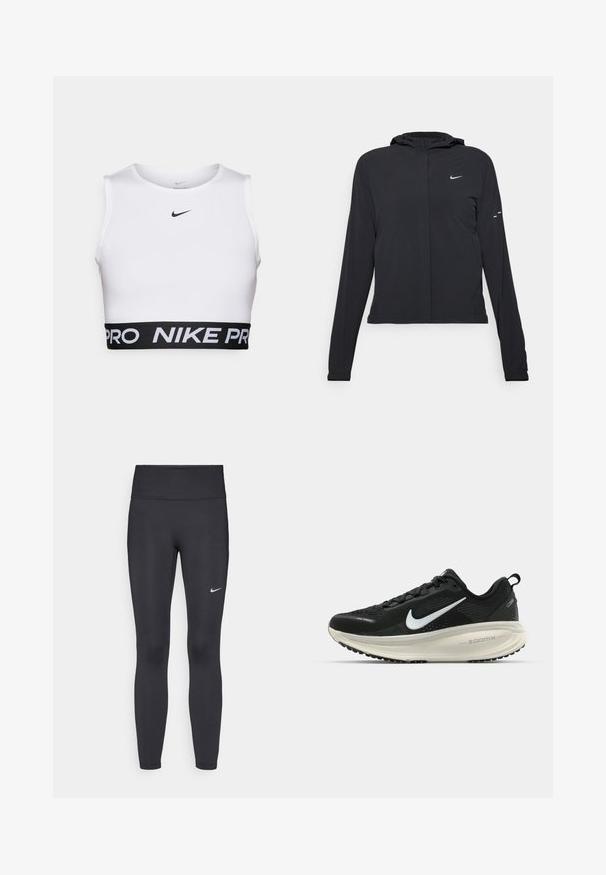 Černá kapucňová bunda s dlouhými rukávy, vyrobená z lehkého materiálu. Obsahuje přední zip, logo Nike a decentní designové akcenty.; Bílý sportovní crop top s kulatým výstřihem, bez rukávů a černým elastickým páskem s nápisem "NIKE PRO".; Černé legíny vyrobené z elastického materiálu, s vysokým pasem a bílým logem Nike na levém stehně. Hladká textura, přiléhavý střih.; Černá běžecká obuv Nike s prodyšným síťovaným svrškem, bílým logem swoosh, texturovanými detaily a krémovou mezipodešví ZoomX.
