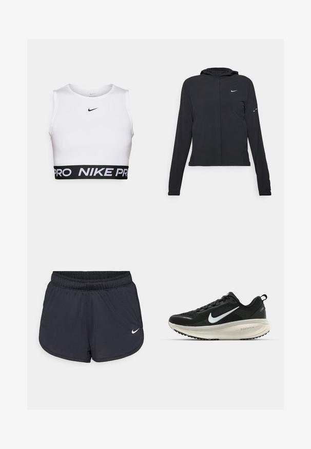 Črna kapuča s dolgimi rokavi, izdelana iz lahkega materiala. Ima sprednji zadrgo, logotip Nike in subtilne oblikovne detajle.; Bela športna kratka majica s krožnim izrezom, brez rokavov in črnim elastičnim pasom z napisom "NIKE PRO".; Črne atletske kratke hlače z elastičnim pasom, športnega dizajna z belim Nike logotipom na spodnjem delu spredaj. Tkanina z teksturo.; Črne Nike tekaške čevlje z zračno mrežno zgornjim delom, belim logotipom Swoosh, teksturiranimi detajli in smetanasto barvnim srednjim delom ZoomX.