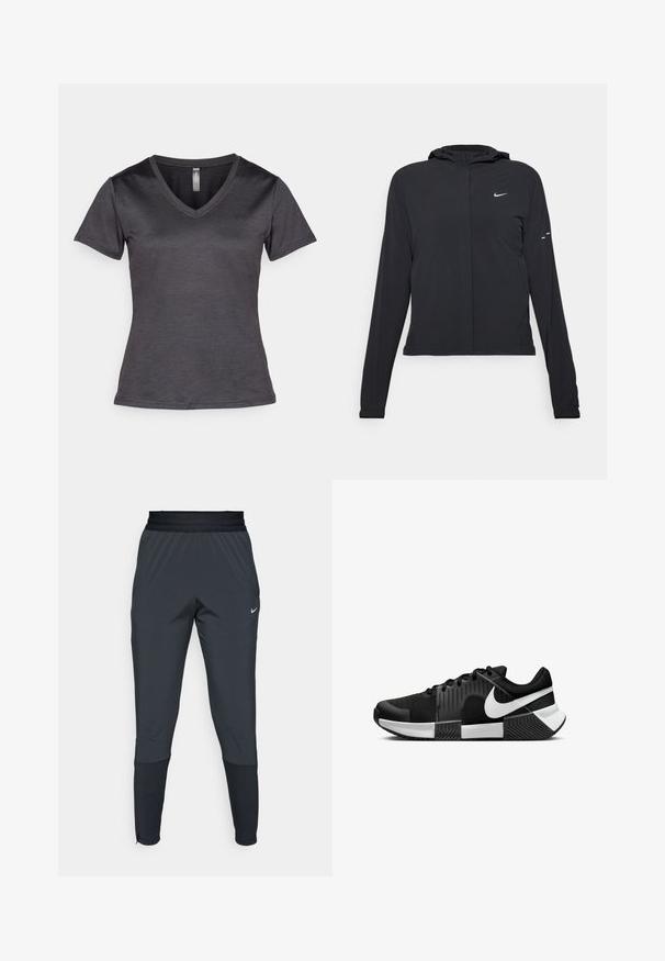 Juodas gobtuvas striukė su ilgomis rankovėmis, pagaminta iš lengvo audinio. Pasižymi priekiniais užtrauktukais, Nike logotipu ir subtiliais dizaino akcentais.; Tamsiai pilka V-kaklo marškinėliai trumpomis rankovėmis, pagaminti iš lygaus audinio. Pridėtas subtilus logotipas ant krūtinės ir siauras dizainas.; Nike sportiniai džinsai tamsiai pilkos spalvos, su siaurėjančio kirpimo dizainu, elastinga juosmens juosta ir akcentu detalėmis prie rankovių.; Juodi sportiniai batai su tinkliniu paviršiumi, tekstūruotomis šoninėmis panelėmis ir baltais akcentais. Padas yra padalintas su guminėmis sukibimo raštais.